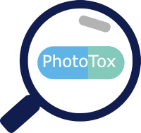 The phototox logo showing a pink-blue pill being magnified